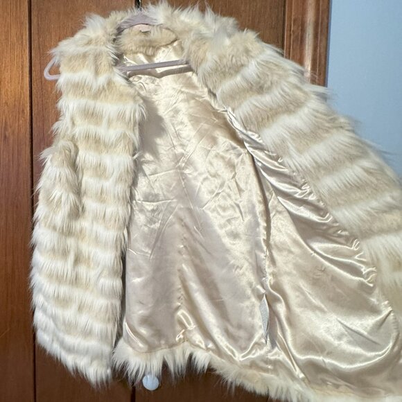 FOREVER 21 Womens Ivory Beige Stripe Faux Fur Sleeveless Vest Large Mid Length - Picture 2 of 14